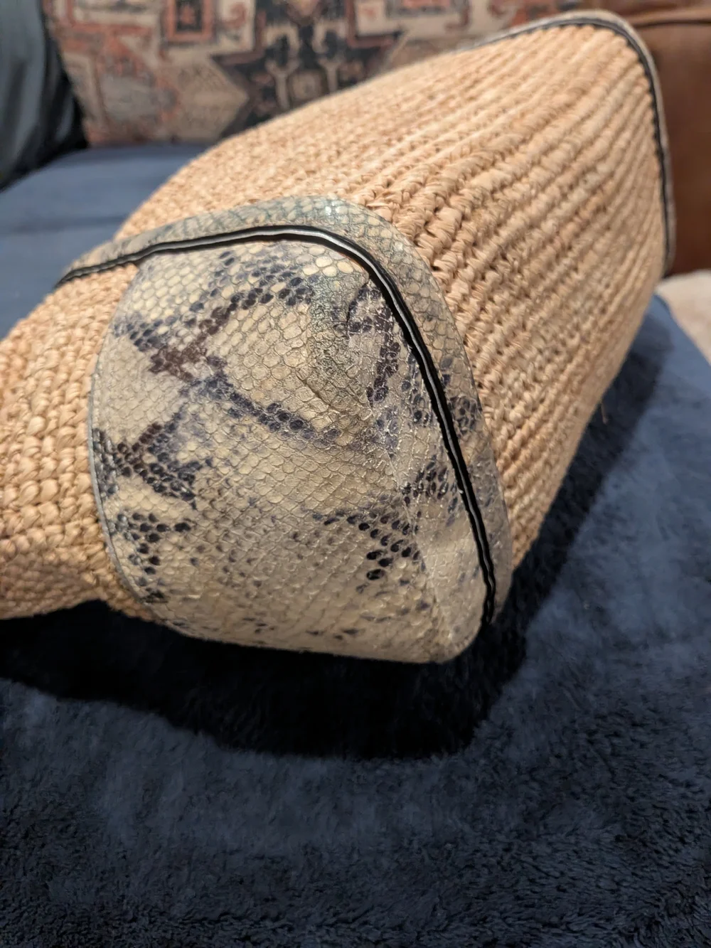 COACH Hampton Woven Straw Tote with Snakeskin Trim - Natural